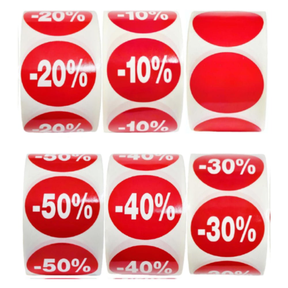 Etiquetas Adhesivas de Descuento '-10% hasta -50%' Ø35MM - BOLSASYMASBCN.COM