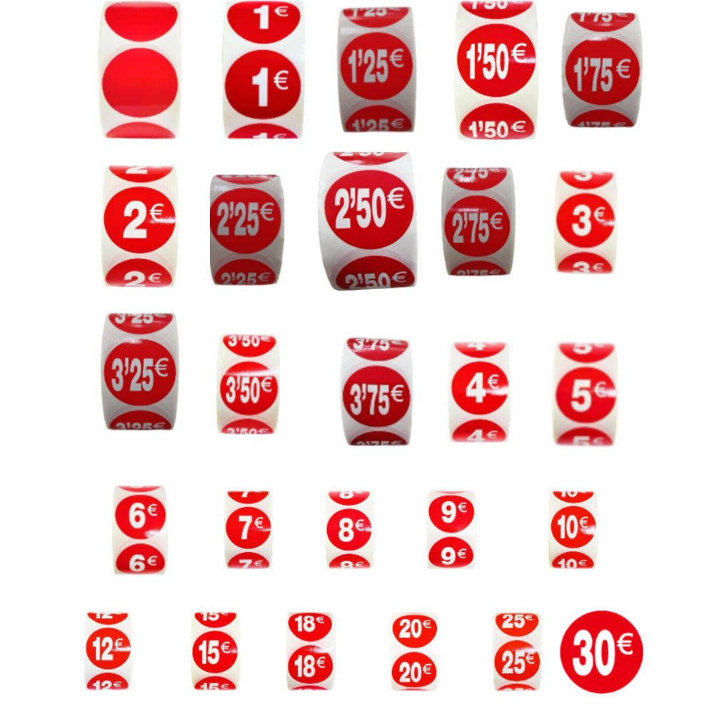 Etiquetas Adhesivas De Precio '1€-30€' Ø35MM - BOLSASYMASBCN.COM