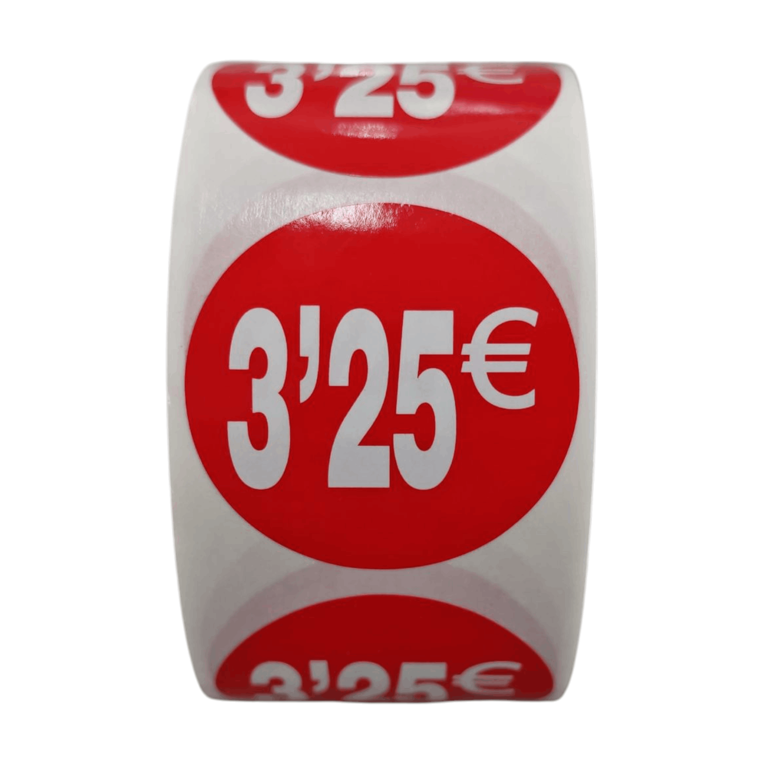 1000 Etiquetas de Precio"3.25€" - Rojo Flúor Ø 35mm - 2 Rollo de 500 Unidades