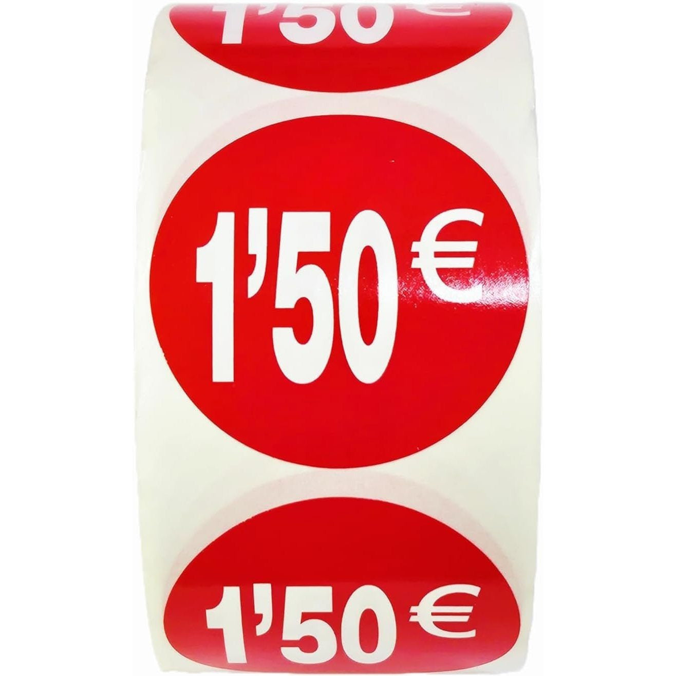 1000 Etiquetas de Precio"1.50€" - Rojo Flúor Ø 35mm - 2 Rollo de 500 Unidades