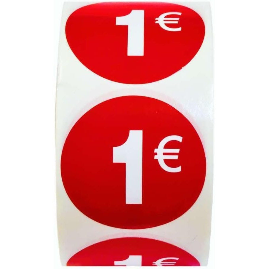 1000 Etiquetas de Precio"1€" - Rojo Flúor Ø 35mm - 2 Rollo de 500 Unidades