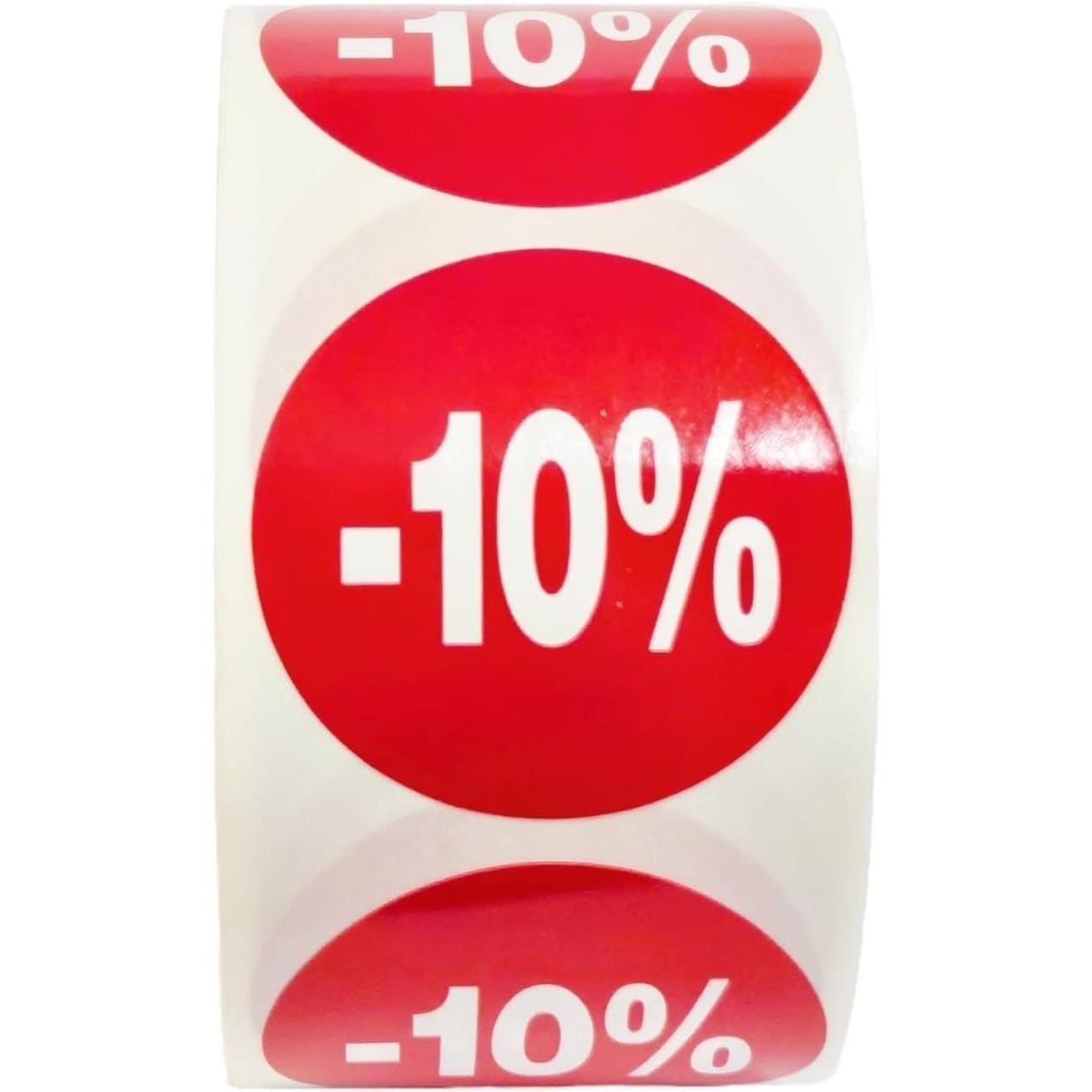 1000 Etiquetas de Descuento " - 10%" - Rojo Flúor Ø 35mm - 2 Rollo de 500 Unidades - BOLSASYMASBCN.COM