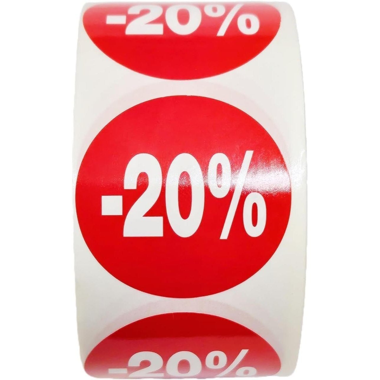 1000 Etiquetas de Descuento " - 20%" - Rojo Flúor Ø 35mm - 2 Rollo de 500 Unidades - BOLSASYMASBCN.COM