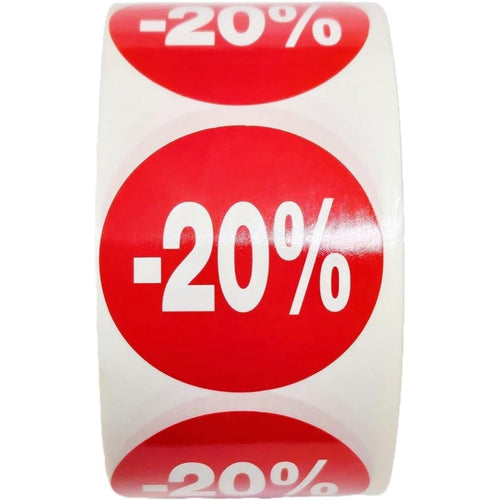 1000 Etiquetas de Descuento " - 20%" - Rojo Flúor Ø 35mm - 2 Rollo de 500 Unidades - BOLSASYMASBCN.COM