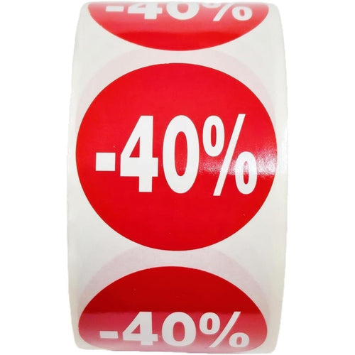 1000 Etiquetas de Descuento " - 40%" - Rojo Flúor Ø 35mm - 2 Rollo de 500 Unidades - BOLSASYMASBCN.COM