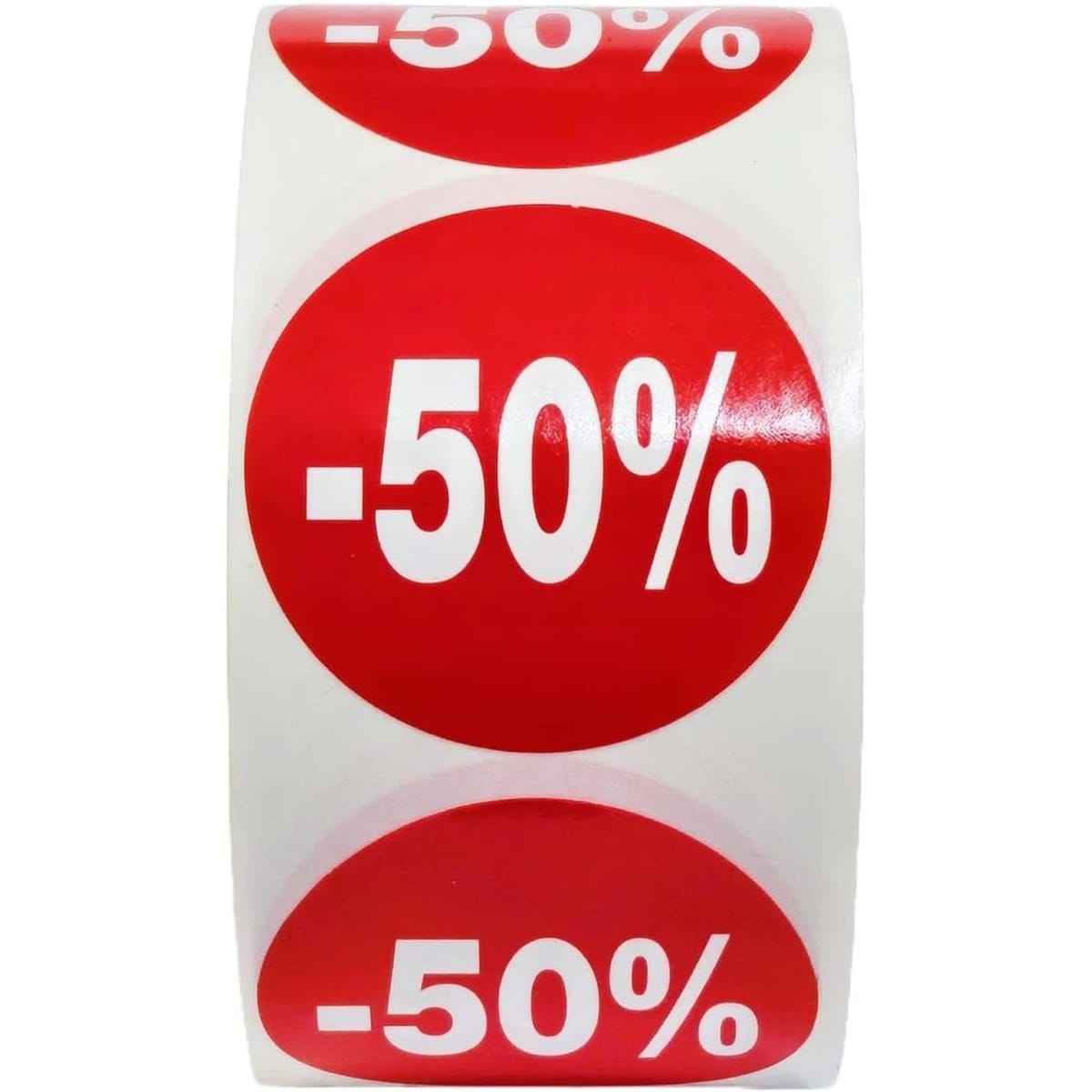 1000 Etiquetas de Descuento "-50% hasta -10%" - Rojo Flúor Ø 35mm - 2 Rollo de 500 Unidades