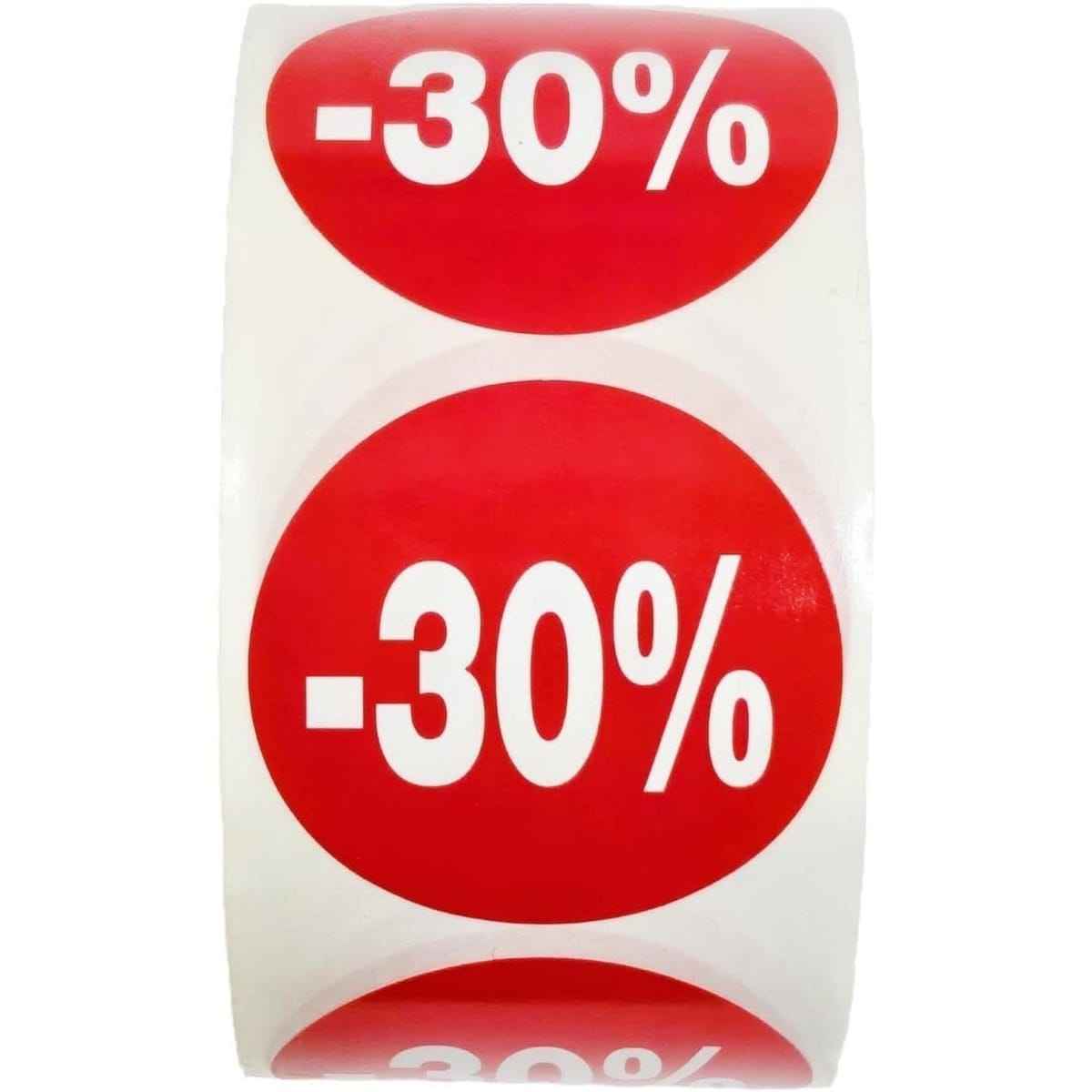 1000 Etiquetas de Descuento "-50% hasta -10%" - Rojo Flúor Ø 35mm - 2 Rollo de 500 Unidades