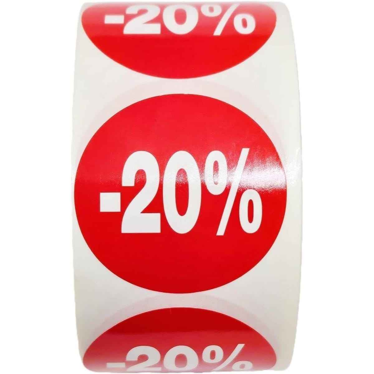 1000 Etiquetas de Descuento "-50% hasta -10%" - Rojo Flúor Ø 35mm - 2 Rollo de 500 Unidades