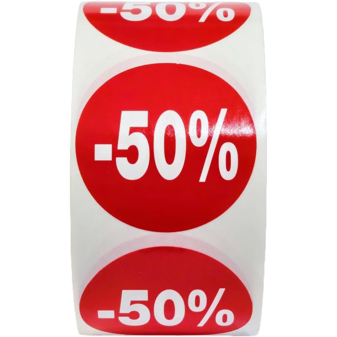 1000 Etiquetas de Descuento " - 50% hasta - 10%" - Rojo Flúor Ø 35mm - 2 Rollo de 500 Unidades - BOLSASYMASBCN.COM