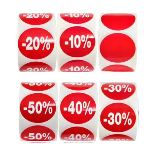 1000 Etiquetas de Descuento " - 50% hasta - 10%" - Rojo Flúor Ø 35mm - 2 Rollo de 500 Unidades - BOLSASYMASBCN.COM