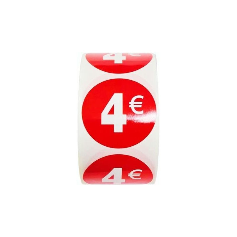 1000 Etiquetas de Precio"1€ - 30€" - Rojo Flúor Ø 35mm - 2 Rollo de 500 Unidades - BOLSASYMASBCN.COM