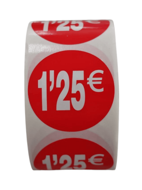 1000 Etiquetas de Precio"1€ - 30€" - Rojo Flúor Ø 35mm - 2 Rollo de 500 Unidades - BOLSASYMASBCN.COM