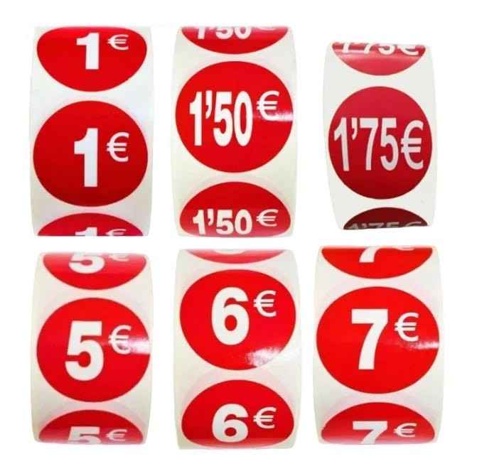 1000 Etiquetas de Precio"1€-30€" - Rojo Flúor Ø 35mm - 2 Rollo de 500 Unidades - BOLSASYMASBCN.COM