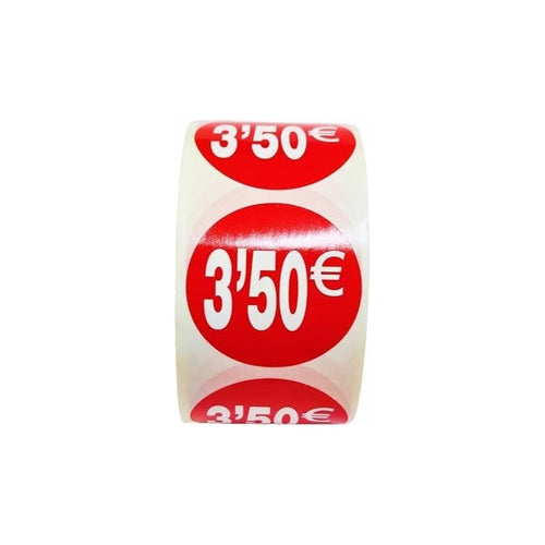1000 Etiquetas de Precio"1€ - 30€" - Rojo Flúor Ø 35mm - 2 Rollo de 500 Unidades - BOLSASYMASBCN.COM