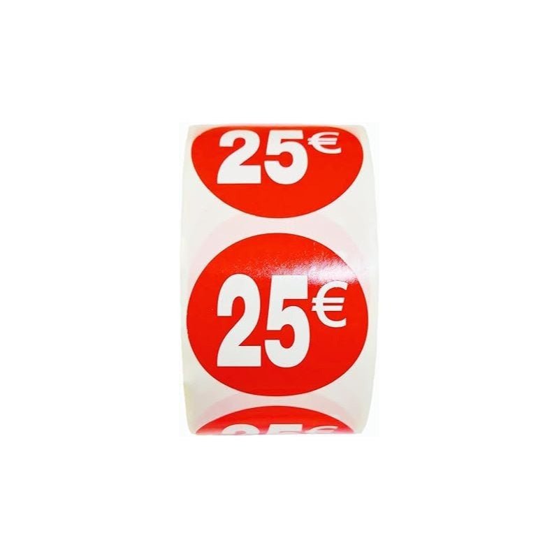 1000 Etiquetas de Precio"1€ - 30€" - Rojo Flúor Ø 35mm - 2 Rollo de 500 Unidades - BOLSASYMASBCN.COM