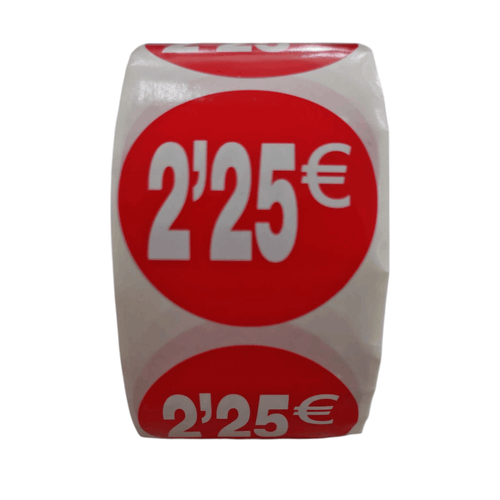 1000 Etiquetas de Precio"1€ - 30€" - Rojo Flúor Ø 35mm - 2 Rollo de 500 Unidades - BOLSASYMASBCN.COM