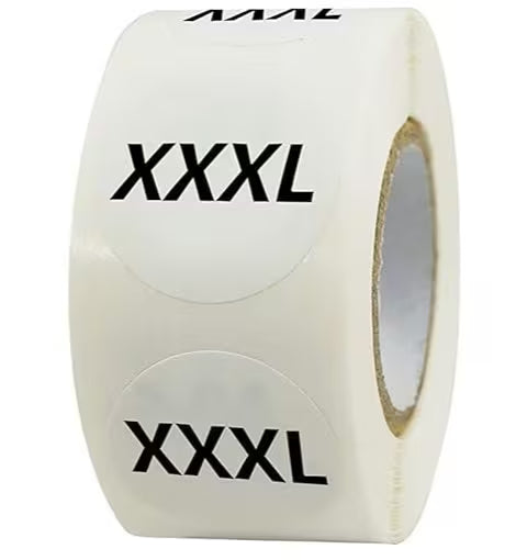 1000pcs Etiquetas Adhesivas de Tallas de Ropa , Pegatinas Autoadhesivas Redondas 2 cm Blanco y Negro, XS–S-M-L-XL-XXL-XXXL (2 Rollos de 500etiquetas) – Adecuadas Para Camisetas, Prendas, Pantalones, Faldas al Por Menor