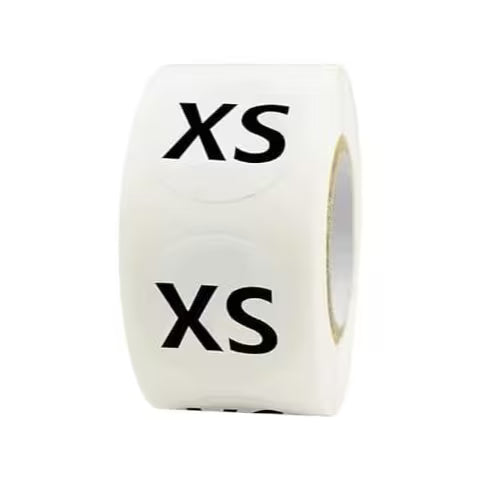 1000pcs Etiquetas Adhesivas de Tallas de Ropa , Pegatinas Autoadhesivas Redondas 2 cm Blanco y Negro, XS–S-M-L-XL-XXL-XXXL (2 Rollos de 500etiquetas) – Adecuadas Para Camisetas, Prendas, Pantalones, Faldas al Por Menor