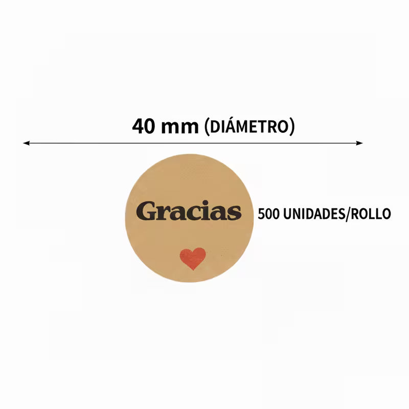 500 Etiquetas Adhesivas “Gracias“ con Corazón, Kraft 40mm