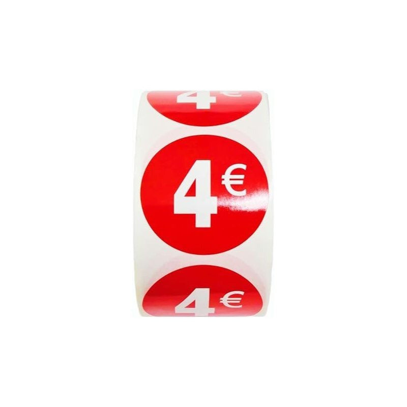 1000 Etiquetas de Precio"4€" - Rojo Flúor Ø 35mm - 2 Rollo de 500 Unidades