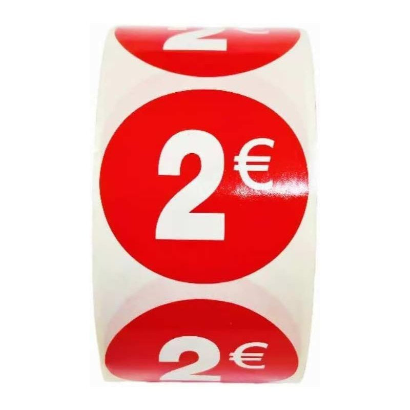 1000 Etiquetas de Precio"2€" - Rojo Flúor Ø 35mm - 2 Rollo de 500 Unidades