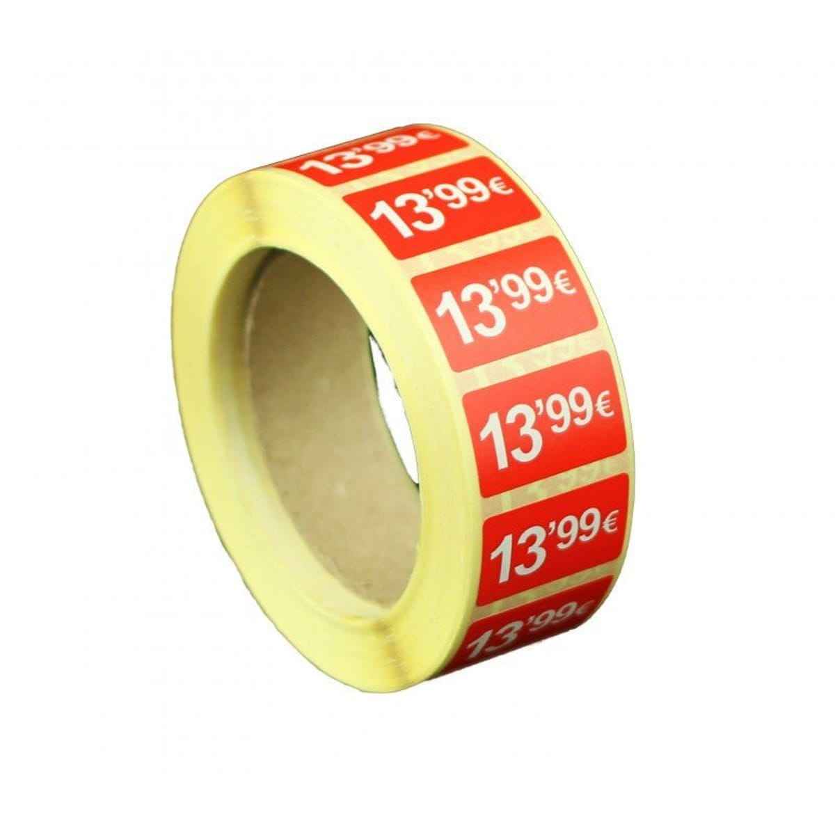 2000 Etiquetas de Precio "0.99€-99.99€" - Rojo Flúor 25x15mm Rectangular - 2 Rollo de 1000 Unidades