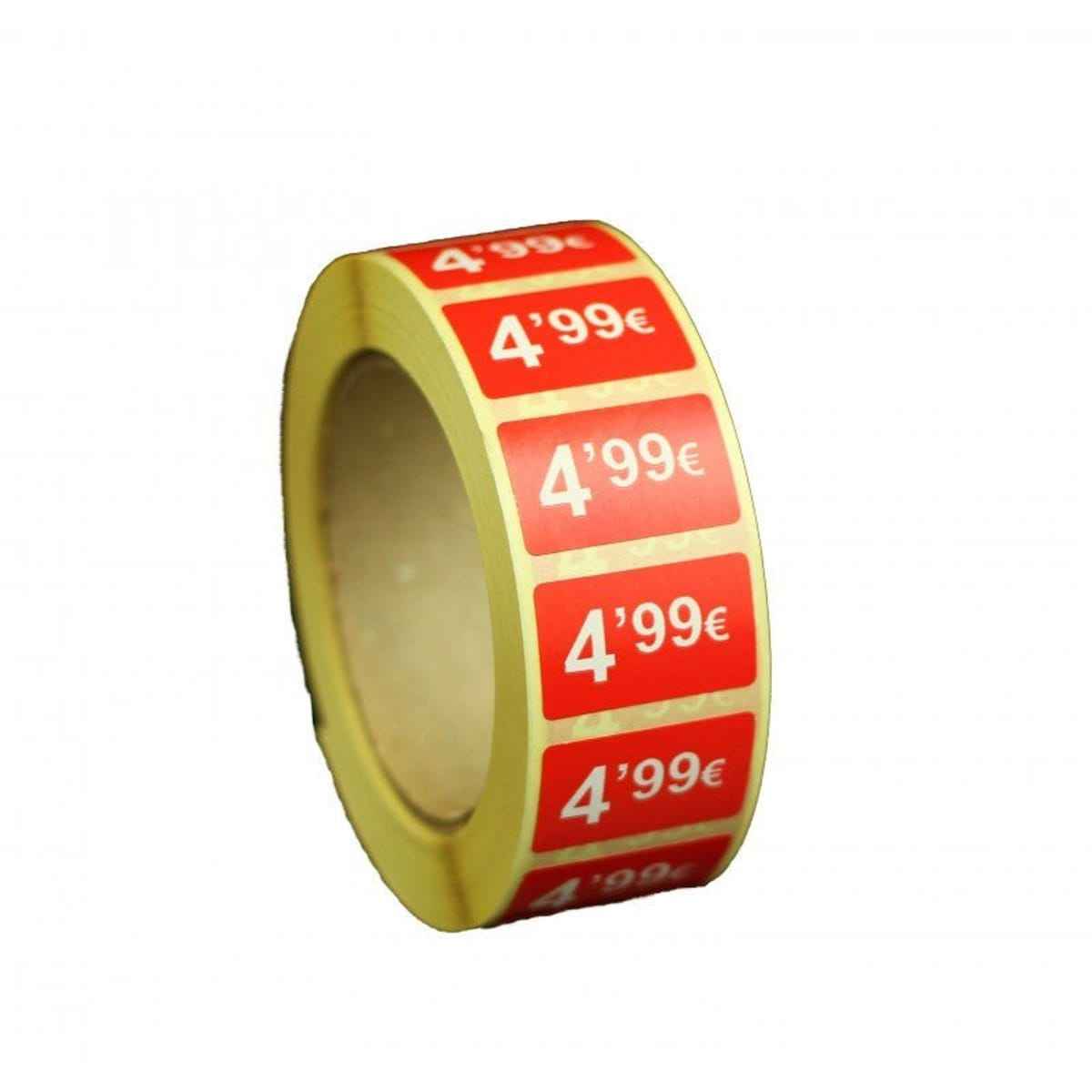 2000 Etiquetas de Precio "0.99€-99.99€" - Rojo Flúor 25x15mm Rectangular - 2 Rollo de 1000 Unidades