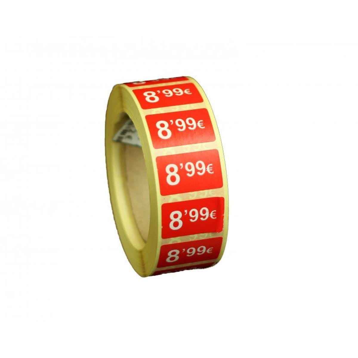 2000 Etiquetas de Precio "0.99€-99.99€" - Rojo Flúor 25x15mm Rectangular - 2 Rollo de 1000 Unidades