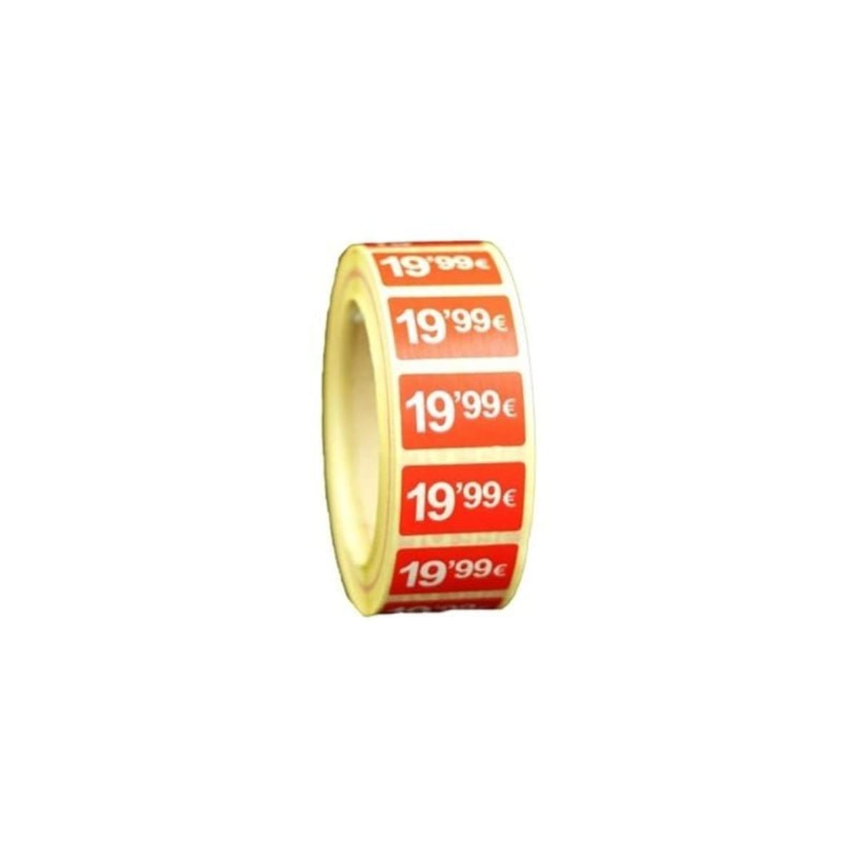 2000 Etiquetas de Precio "0.99€-99.99€" - Rojo Flúor 25x15mm Rectangular - 2 Rollo de 1000 Unidades