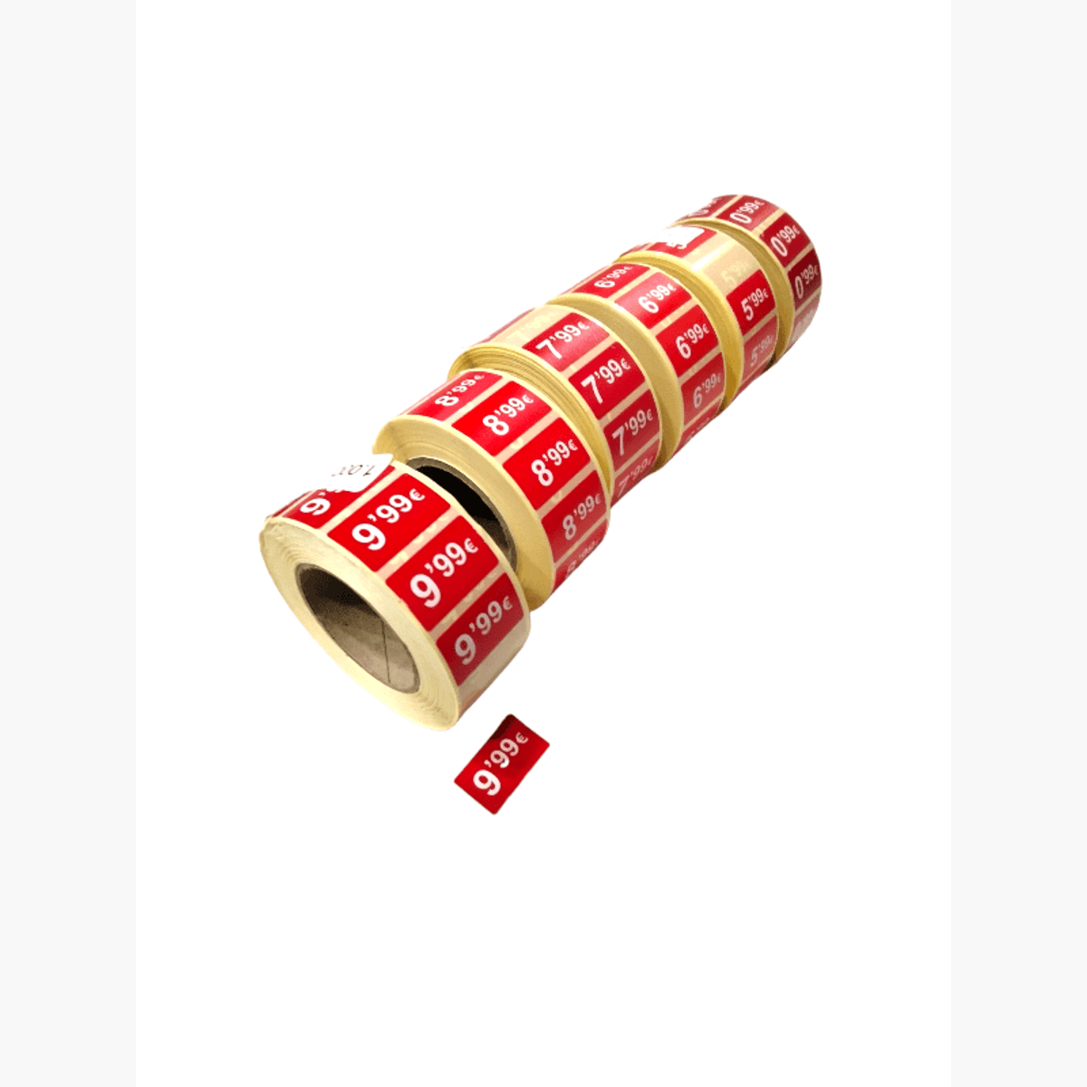 2000 Etiquetas de Precio "0.99€-99.99€" - Rojo Flúor 25x15mm Rectangular - 2 Rollo de 1000 Unidades