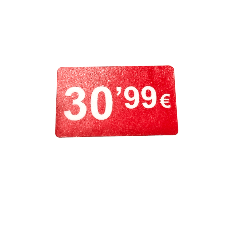 2000 Etiquetas de Precio "0.99€ - 99.99€" - Rojo Flúor 25x15mm Rectangular - 2 Rollo de 1000 Unidades - BOLSASYMASBCN.COM