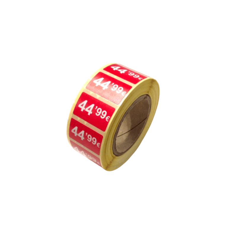 2000 Etiquetas de Precio "0.99€ - 99.99€" - Rojo Flúor 25x15mm Rectangular - 2 Rollo de 1000 Unidades - BOLSASYMASBCN.COM