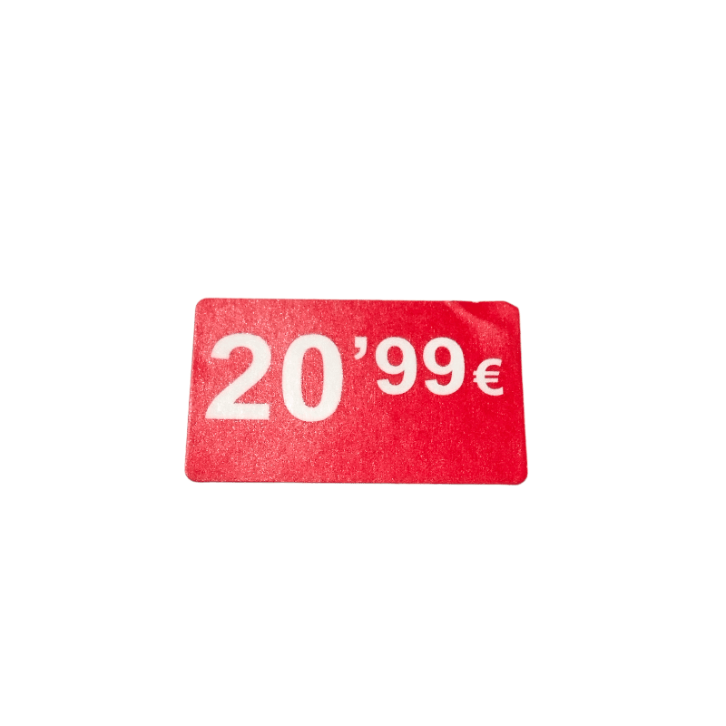 2000 Etiquetas de Precio "0.99€ - 99.99€" - Rojo Flúor 25x15mm Rectangular - 2 Rollo de 1000 Unidades - BOLSASYMASBCN.COM