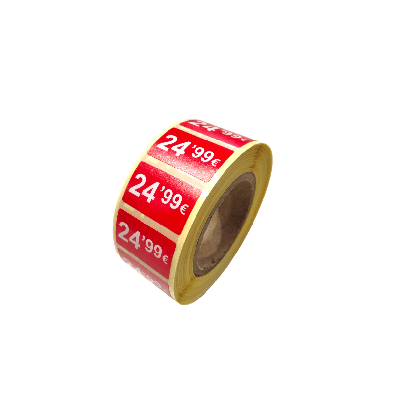 2000 Etiquetas de Precio "0.99€ - 99.99€" - Rojo Flúor 25x15mm Rectangular - 2 Rollo de 1000 Unidades - BOLSASYMASBCN.COM