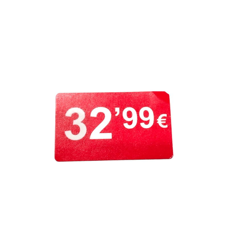 2000 Etiquetas de Precio "0.99€ - 99.99€" - Rojo Flúor 25x15mm Rectangular - 2 Rollo de 1000 Unidades - BOLSASYMASBCN.COM