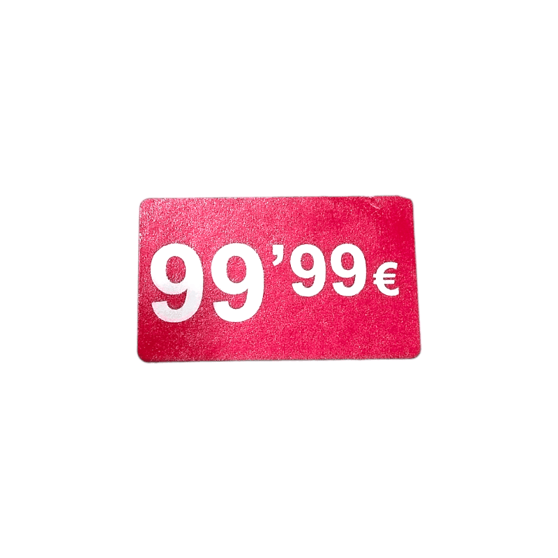 2000 Etiquetas de Precio "0.99€ - 99.99€" - Rojo Flúor 25x15mm Rectangular - 2 Rollo de 1000 Unidades - BOLSASYMASBCN.COM