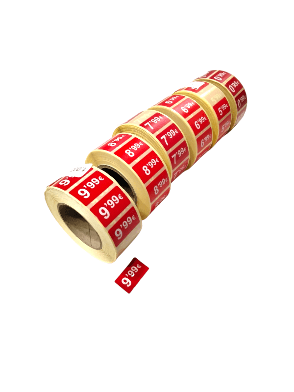 2000 Etiquetas de Precio "0.99€ - 99.99€" - Rojo Flúor 25x15mm Rectangular - 2 Rollo de 1000 Unidades - BOLSASYMASBCN.COM
