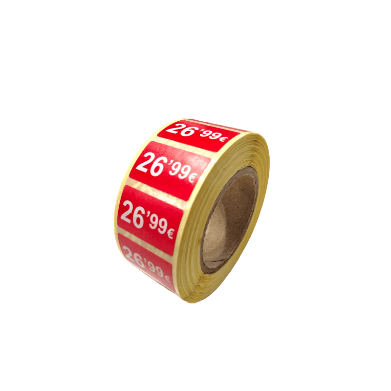 2000 Etiquetas de Precio "0.99€ - 99.99€" - Rojo Flúor 25x15mm Rectangular - 2 Rollo de 1000 Unidades - BOLSASYMASBCN.COM