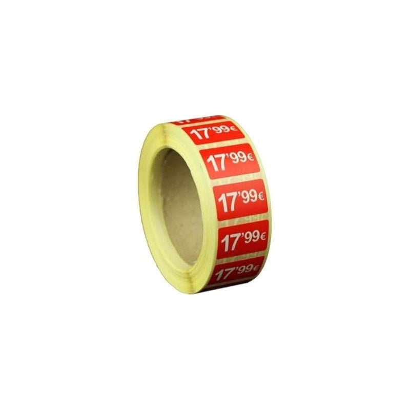 2000 Etiquetas de Precio "0.99€ - 99.99€" - Rojo Flúor 25x15mm Rectangular - 2 Rollo de 1000 Unidades - BOLSASYMASBCN.COM