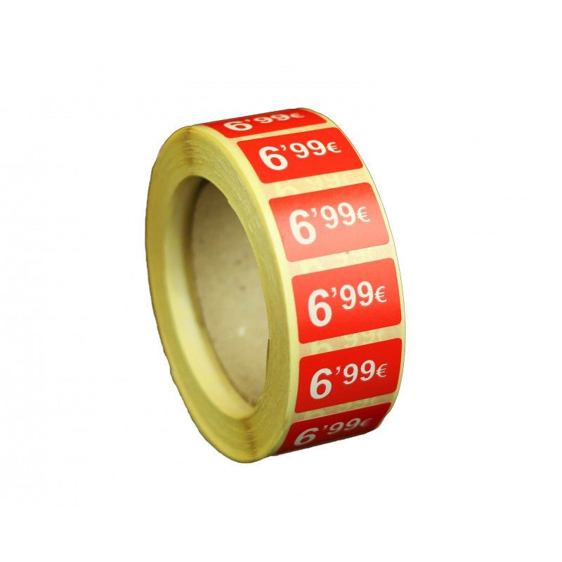 2000 Etiquetas de Precio "0.99€ - 99.99€" - Rojo Flúor 25x15mm Rectangular - 2 Rollo de 1000 Unidades - BOLSASYMASBCN.COM