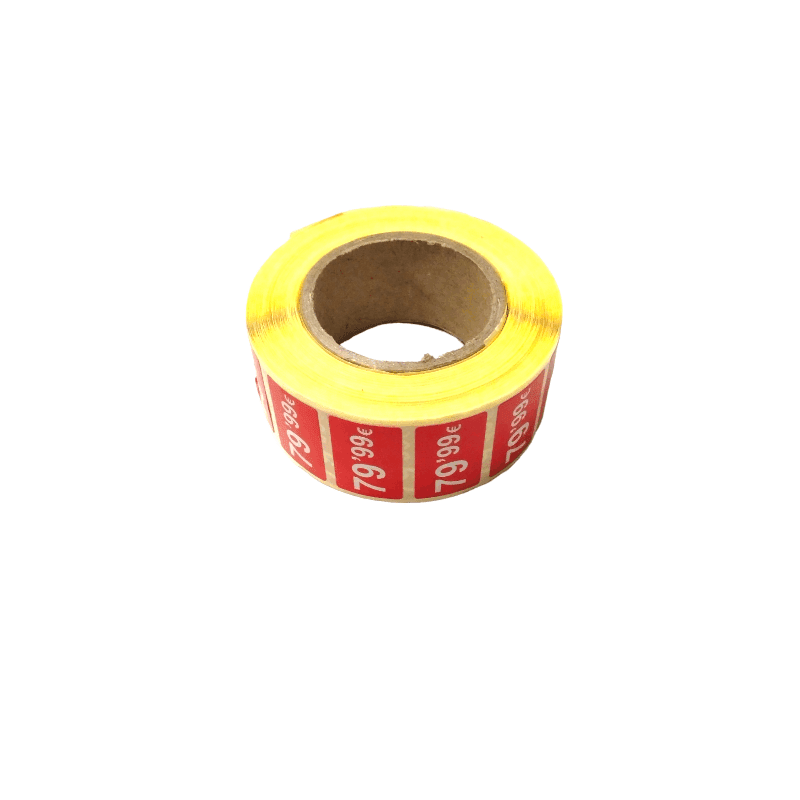 2000 Etiquetas de Precio "0.99€ - 99.99€" - Rojo Flúor 25x15mm Rectangular - 2 Rollo de 1000 Unidades - BOLSASYMASBCN.COM