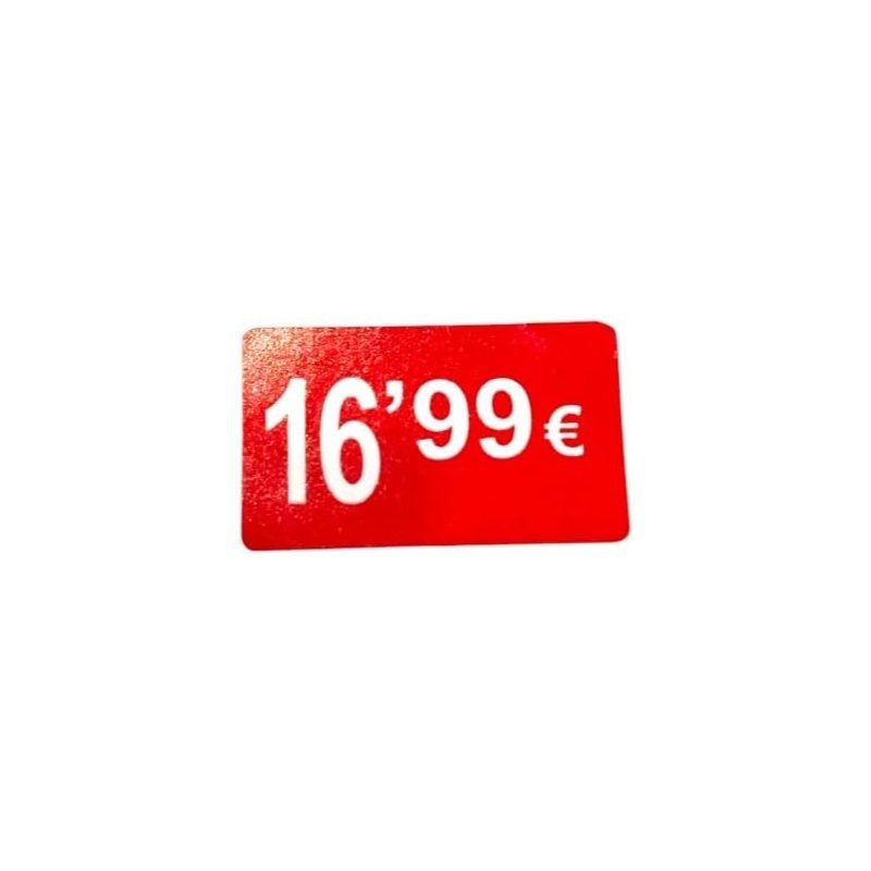 2000 Etiquetas de Precio "0.99€ - 99.99€" - Rojo Flúor 25x15mm Rectangular - 2 Rollo de 1000 Unidades - BOLSASYMASBCN.COM