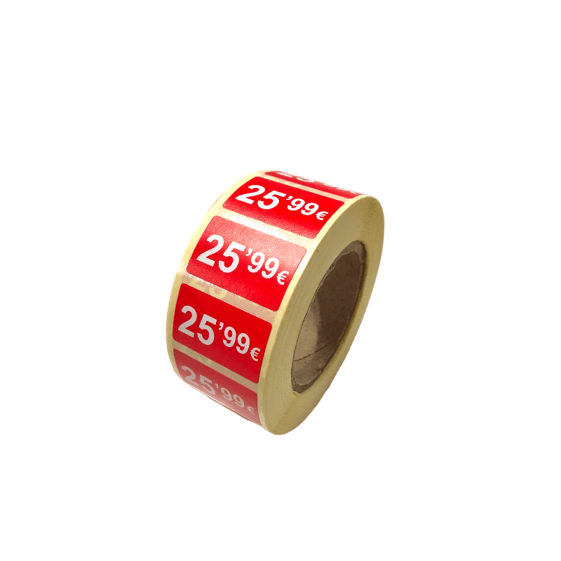 2000 Etiquetas de Precio "0.99€ - 99.99€" - Rojo Flúor 25x15mm Rectangular - 2 Rollo de 1000 Unidades - BOLSASYMASBCN.COM