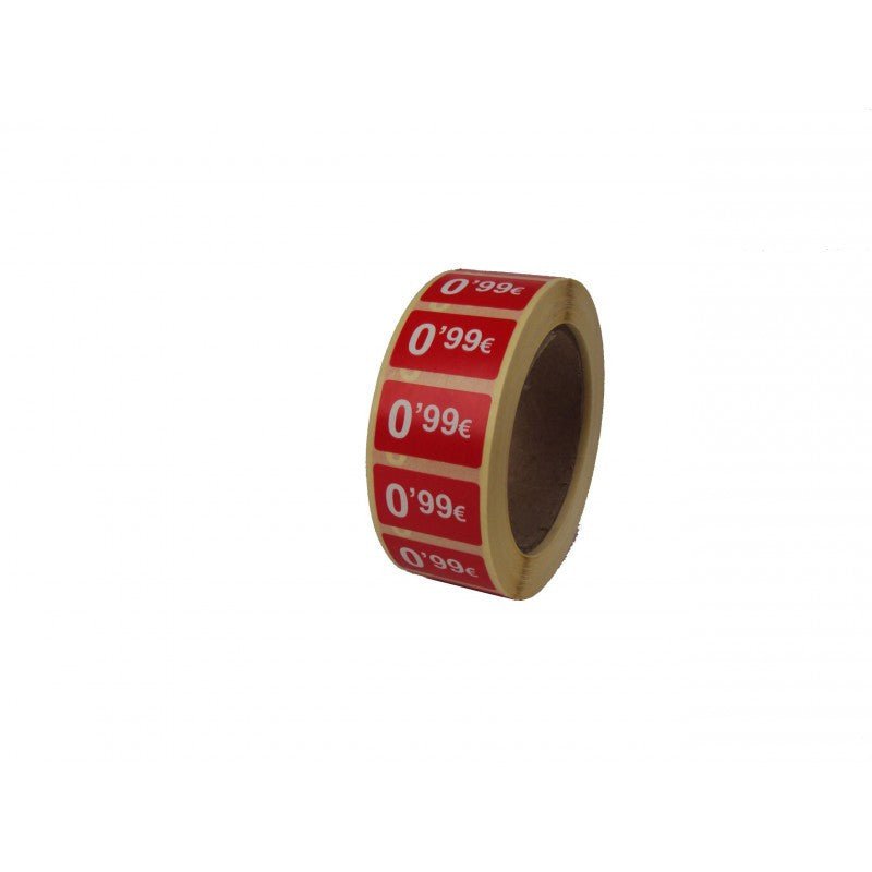 2000 Etiquetas de Precio "0.99€ - 99.99€" - Rojo Flúor 25x15mm Rectangular - 2 Rollo de 1000 Unidades - BOLSASYMASBCN.COM