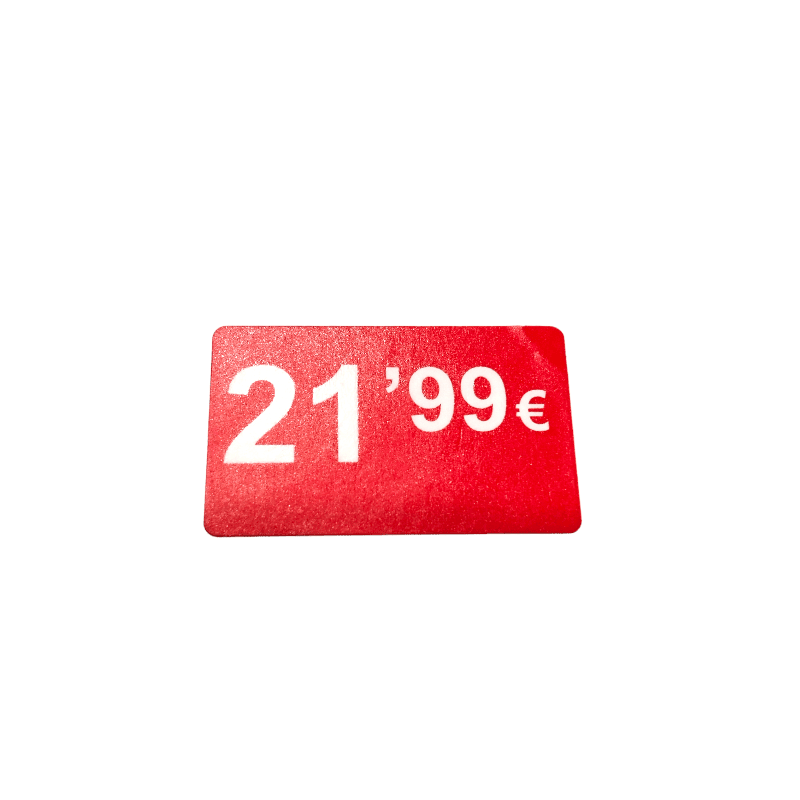 2000 Etiquetas de Precio "0.99€ - 99.99€" - Rojo Flúor 25x15mm Rectangular - 2 Rollo de 1000 Unidades - BOLSASYMASBCN.COM