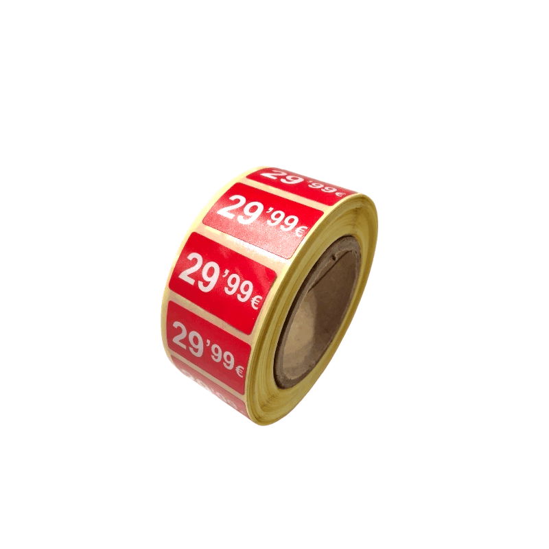 2000 Etiquetas de Precio "0.99€ - 99.99€" - Rojo Flúor 25x15mm Rectangular - 2 Rollo de 1000 Unidades - BOLSASYMASBCN.COM