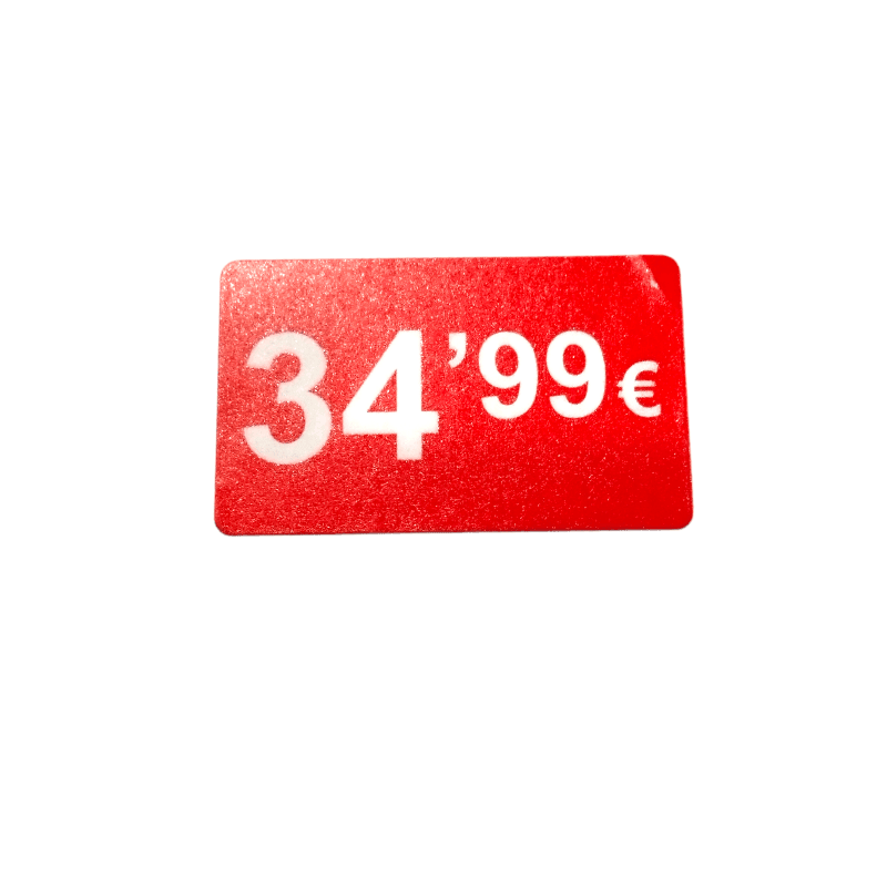 2000 Etiquetas de Precio "0.99€ - 99.99€" - Rojo Flúor 25x15mm Rectangular - 2 Rollo de 1000 Unidades - BOLSASYMASBCN.COM