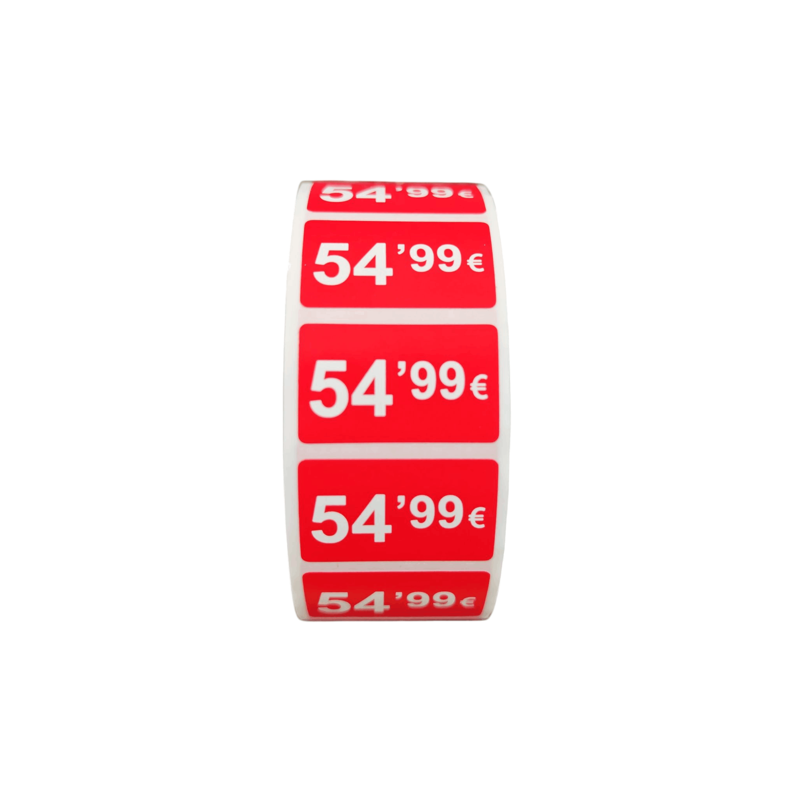2000 Etiquetas de Precio "0.99€ - 99.99€" - Rojo Flúor 25x15mm Rectangular - 2 Rollo de 1000 Unidades - BOLSASYMASBCN.COM