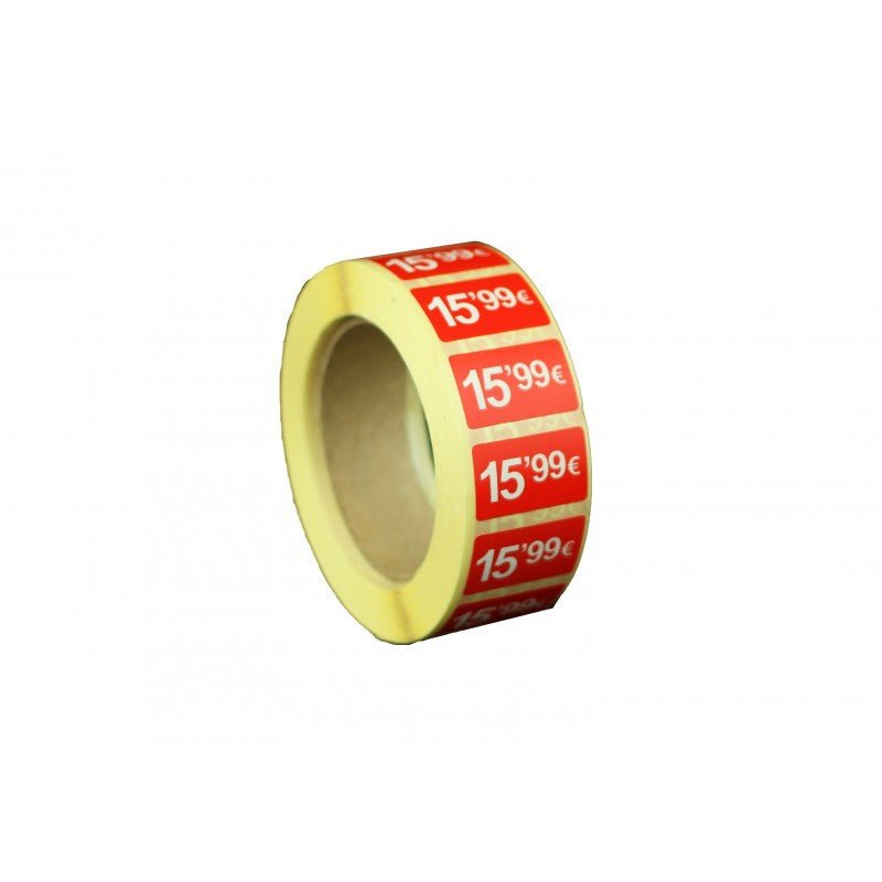 2000 Etiquetas de Precio "0.99€ - 99.99€" - Rojo Flúor 25x15mm Rectangular - 2 Rollo de 1000 Unidades - BOLSASYMASBCN.COM