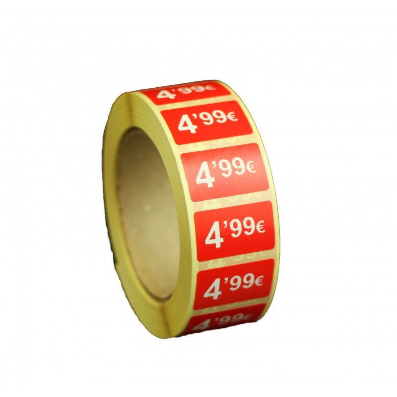 2000 Etiquetas de Precio "0.99€ - 99.99€" - Rojo Flúor 25x15mm Rectangular - 2 Rollo de 1000 Unidades - BOLSASYMASBCN.COM